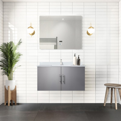 Gris foncé 36 po Meuble-lavabo, comptoir en quartz blanc, robinet, miroir à DEL - comptoir de salle de bain avec comptoir, robinet, surface résistante aux taches et aux égratignures