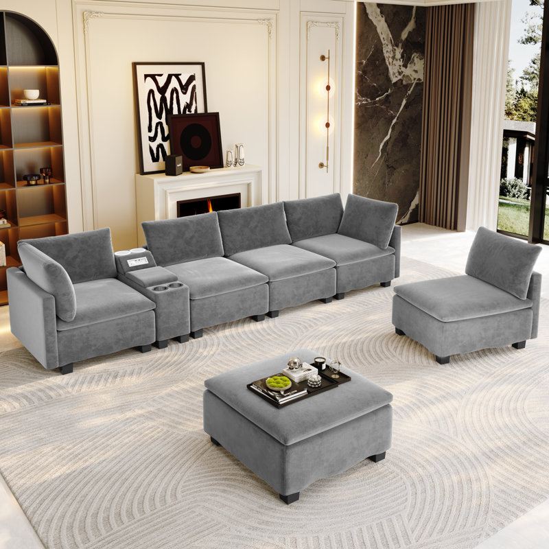 Canapé modulaire en nuage de 121 po de large avec console intelligente, canapé-lit convertible en forme de U avec haut-parleur Bluetooth, ports USB / Type-C, rangement caché et 6 coussins décoratifs