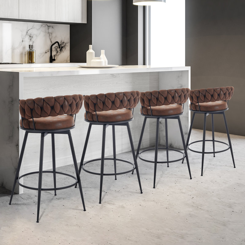 Bohdalice PU Leatherette Bar Stool (set of 2), With Braided Backrest And Footrest, Swivel Bar Stool, Seat Height 90.93cm, For The Kitchen, Dining Room And Home Bar