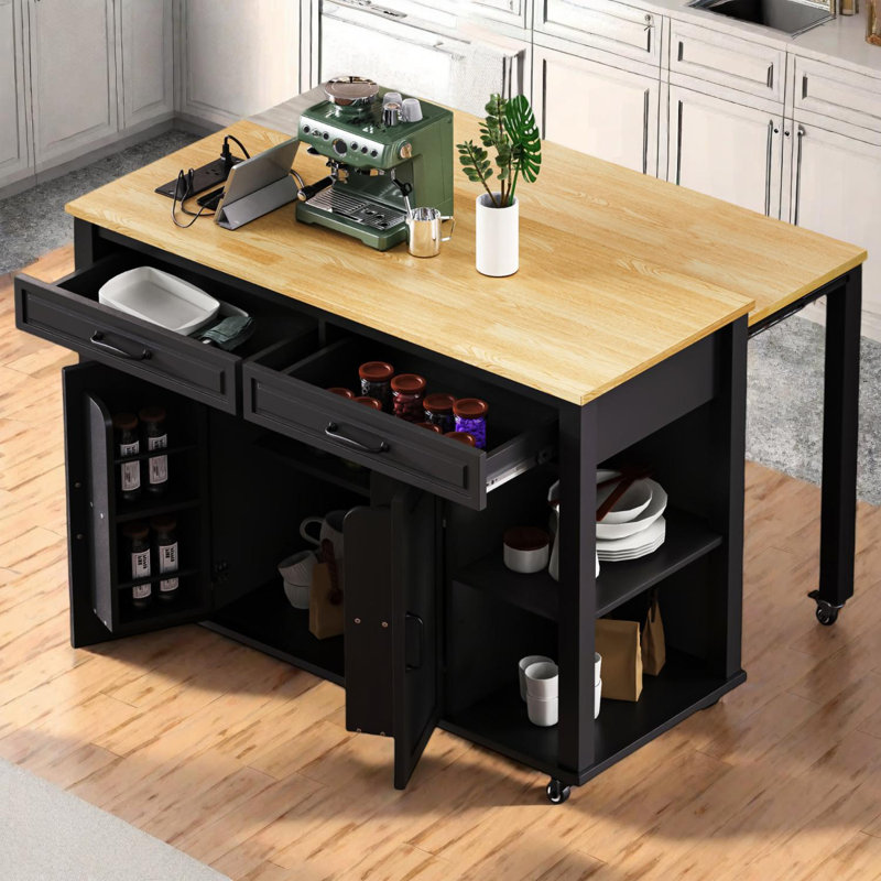 47 Inch Kitchen Island with Extendable Dining Table and Storage, Black