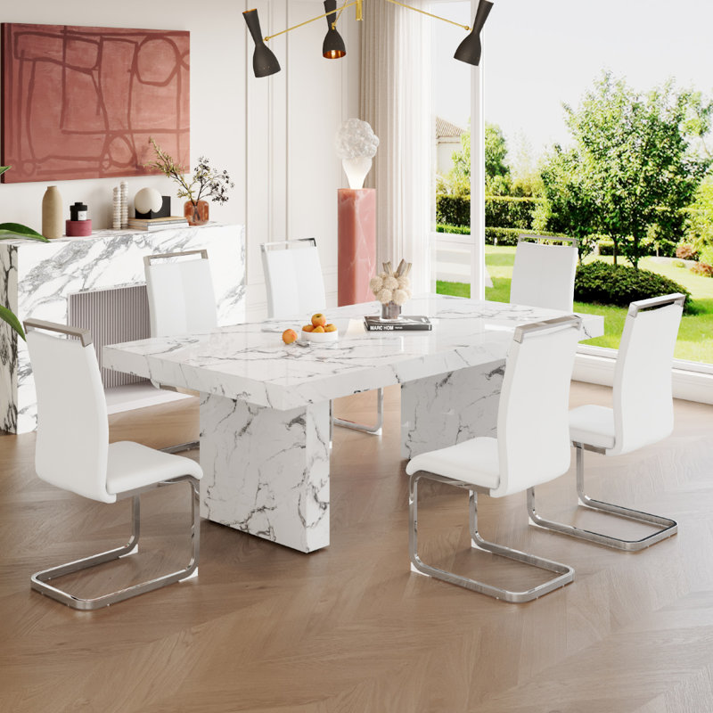 Ensemble de 6 tables de salle à manger en marbre, Blanc, 7 pièces : table, 6 chaises