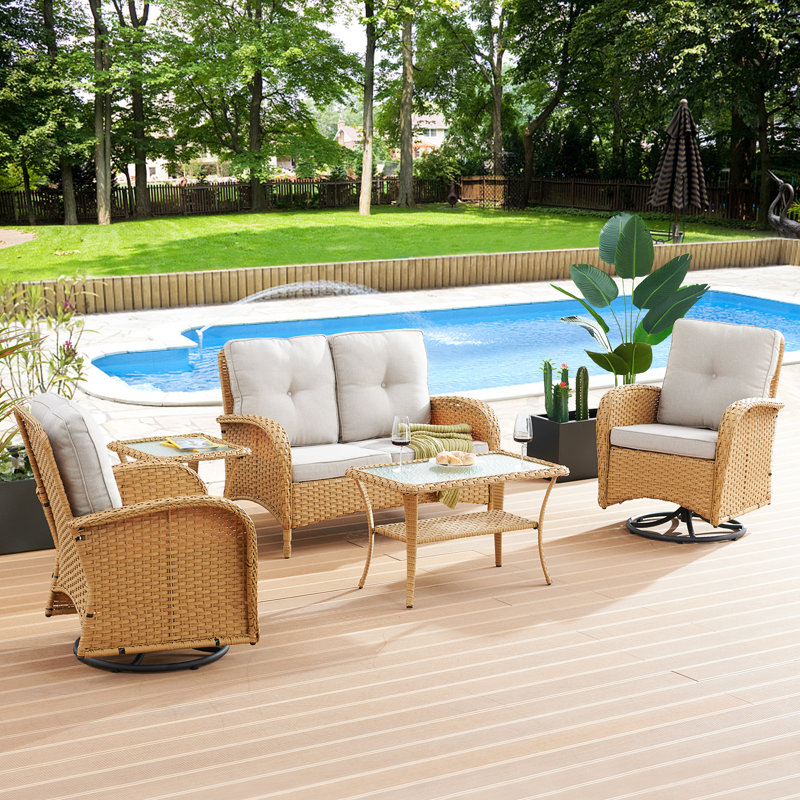 Gaetanino Wicker 4 - Person Patio Conversation Set with Cushions, Natural Frame/Beige Cushion
