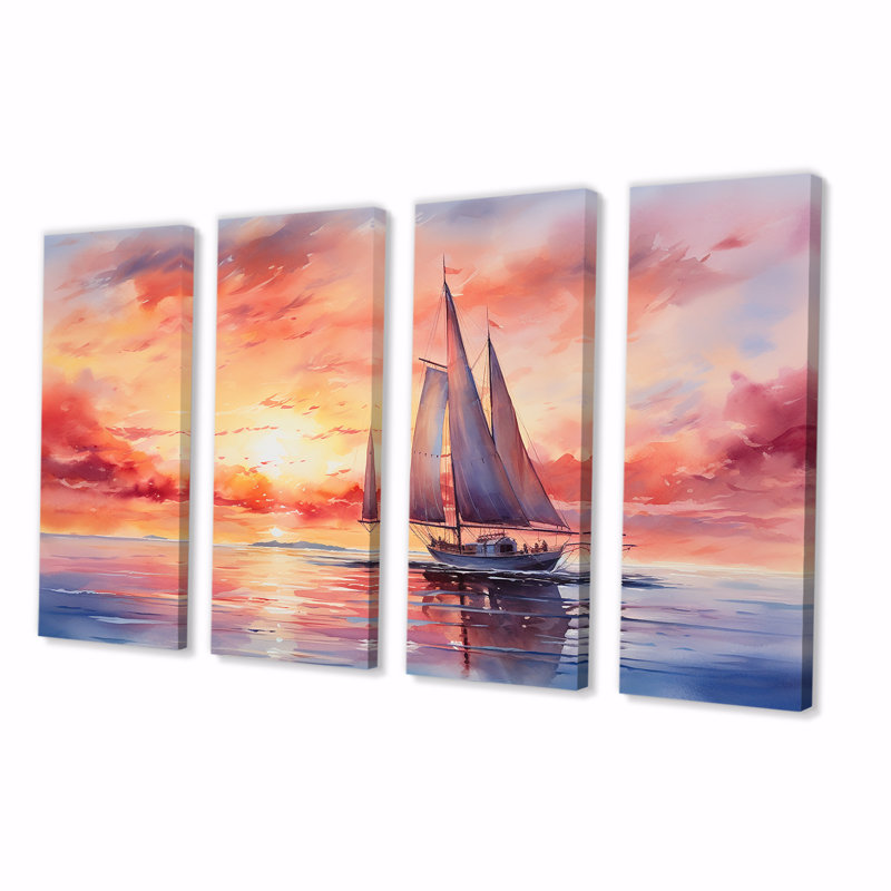 Couleurs pastel, voilier, coucher de soleil III - Bateau à voile, ensemble d'art mural 4 pièces, H 32 po x l 64 po