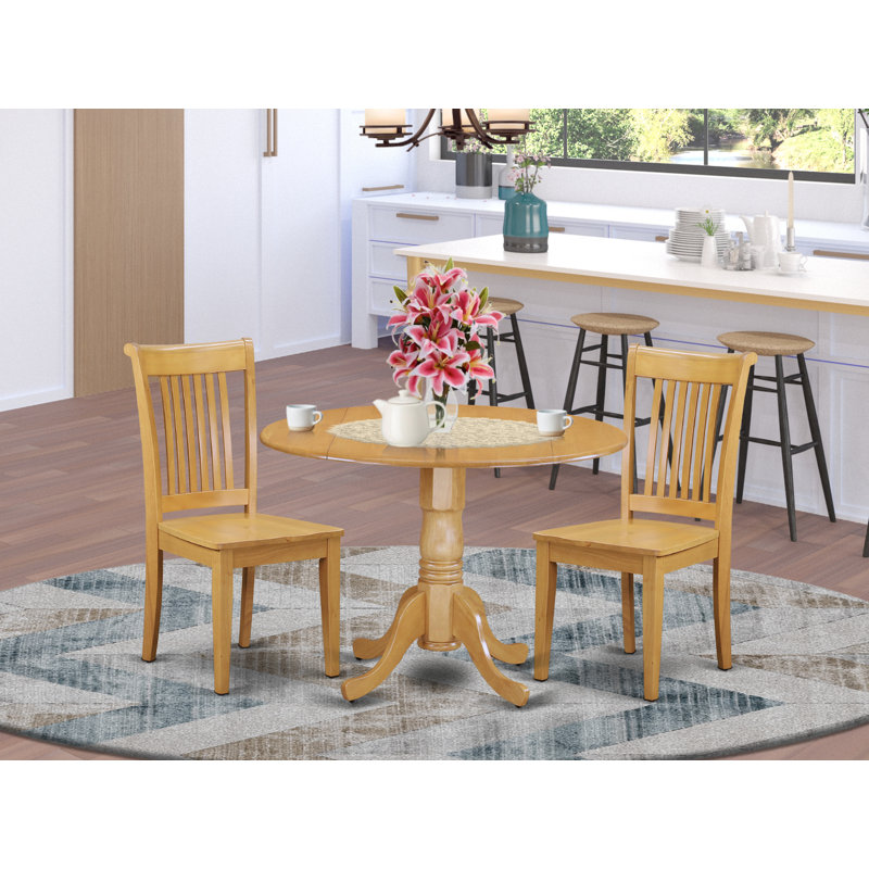 3 Piece Dining Room Furniture Set Contains a Round Kitchen Table with Dropleaf and 2 Dining Chairs, 42x42 Inch, Oak, Oak