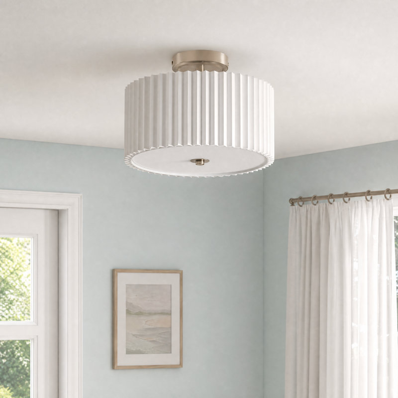 Plafonnier semi-encastré en tissu Pelayo, H 9,3 po x l 12,2 po x P 12,2 po, Nickel