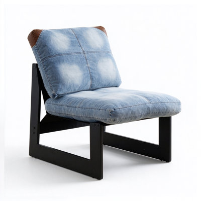 Chaise d'appoint en denim, chaise d'appoint rembourrée avec structure ouverte en métal noir et garniture en similicuir brun pour le salon, le coin lecture et la lecture