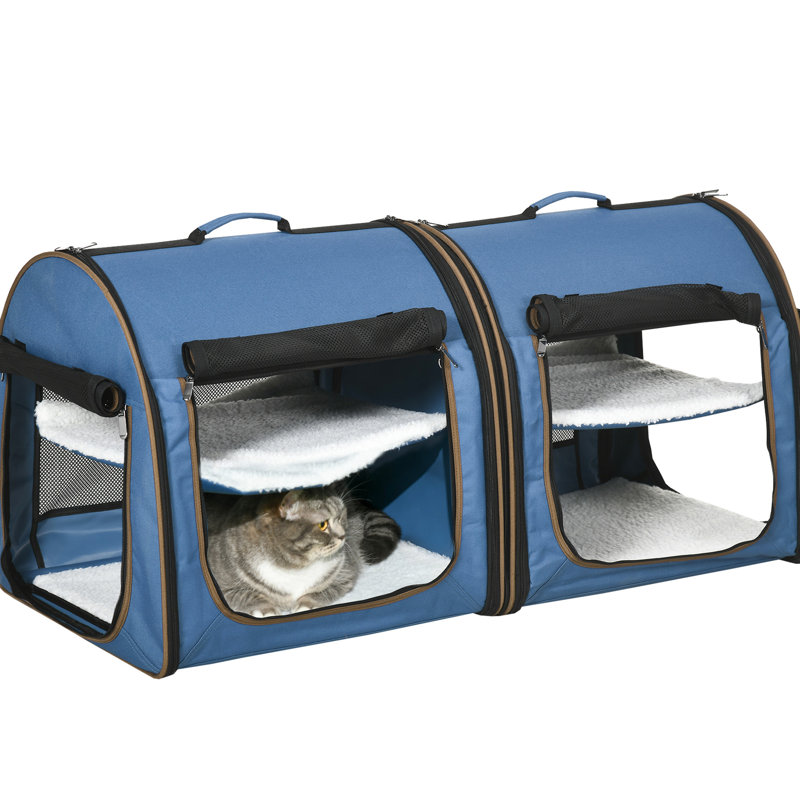 Boîte de transport bleue pour chat 39 po - Tissu respirant, deux compartiments, coussins moelleux et coffre de rangement portable, bleu, fenêtres