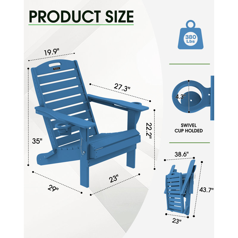 Outdoor Adirondack Chair Weather-Resistant HDPE Foldable Fire Pit Chairs With Cup Holder, Blue
