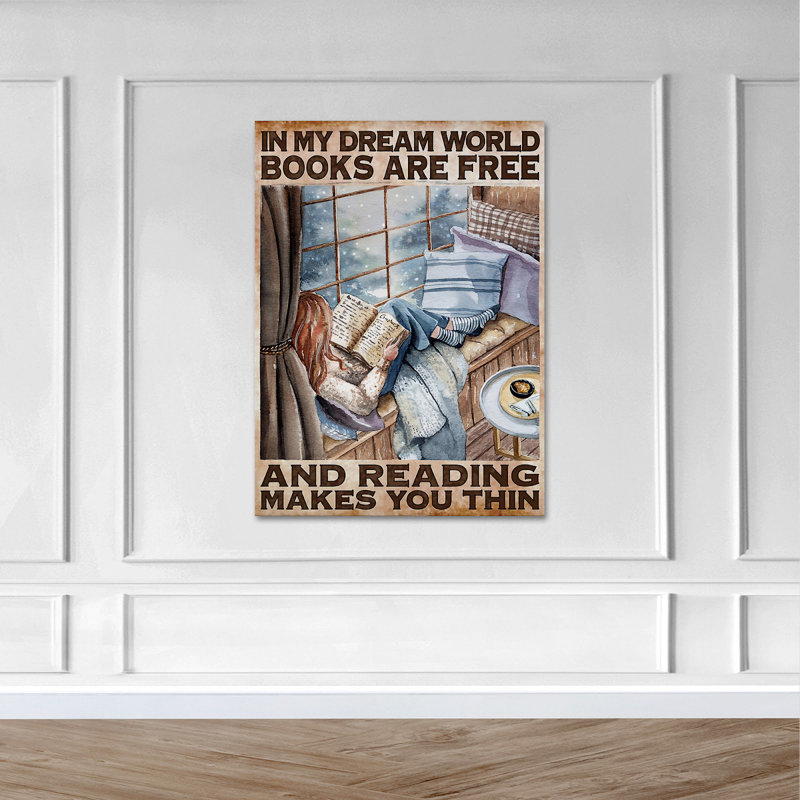 Fille lisant un livre à côté de la fenêtre - Art textuel sur toile tendue, H 14 po x l 11 po x P 2 po
