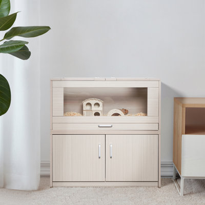 Grande cage de cochon d'Inde en bois avec rangement et acrylique - convient aux hamster, chinchilla, facile à nettoyer