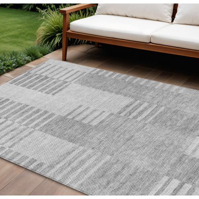 Tapis extérieur lavable rayé gris argenté et ivoire 9 pi x 12 pi