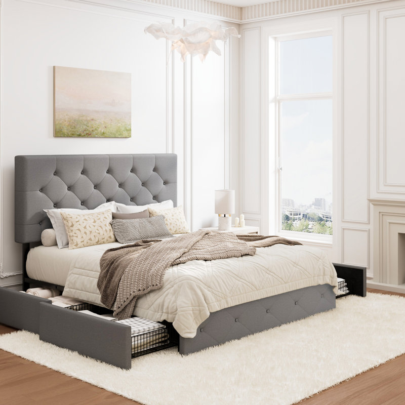 Lit plateforme avec rangement à 4 tiroirs et tête de lit réglable en lin à motif de losanges, Grand, Gris Clair 100% Lin