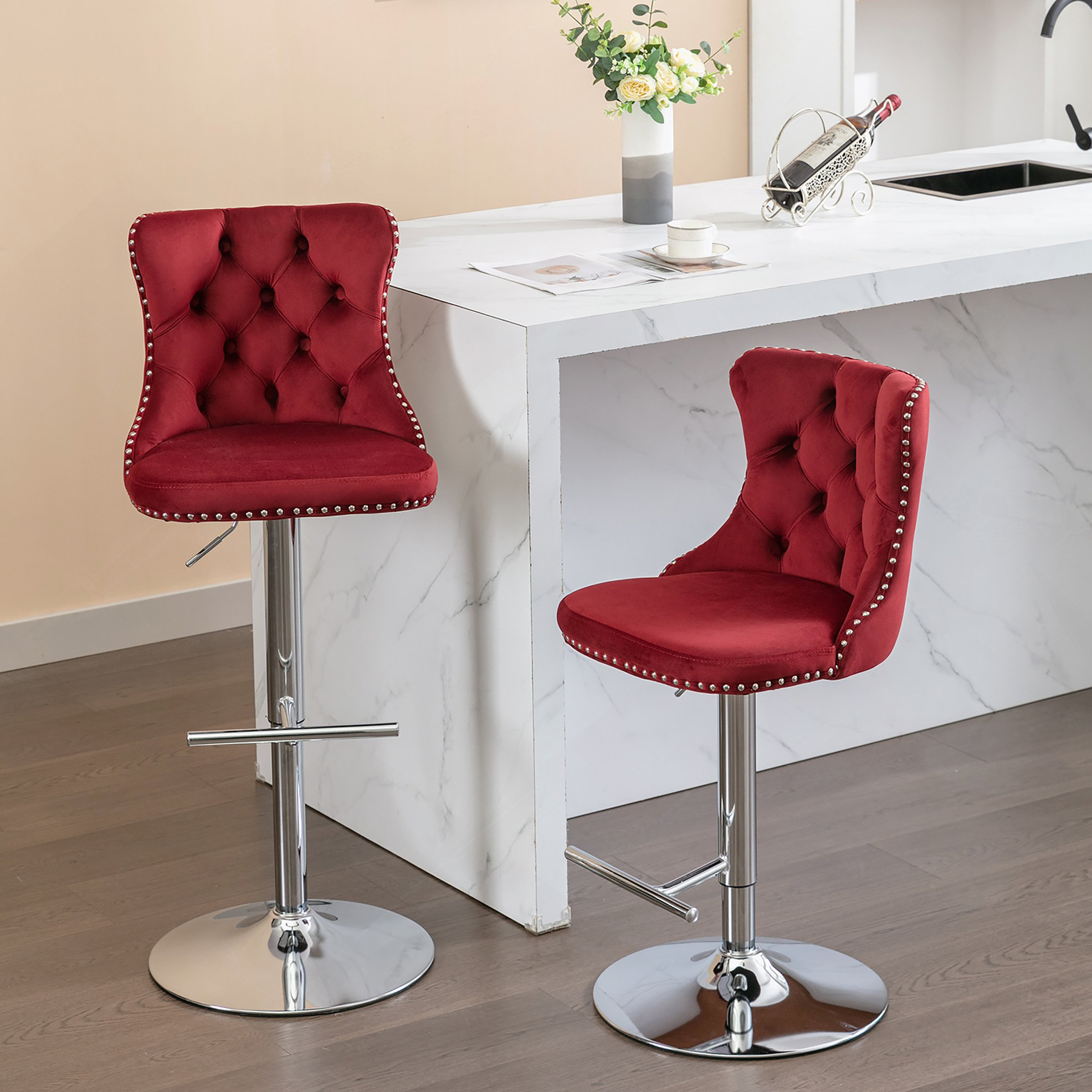 Rosdorf Park Burgundy Adjustable Height Swivel Metal Pedestal Bar