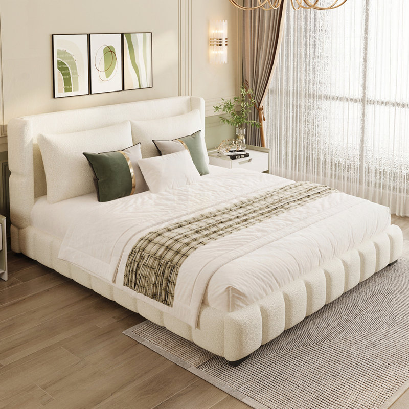 Lit plateforme tapissier avec 2 coussins, Blanc, Très grand lit
