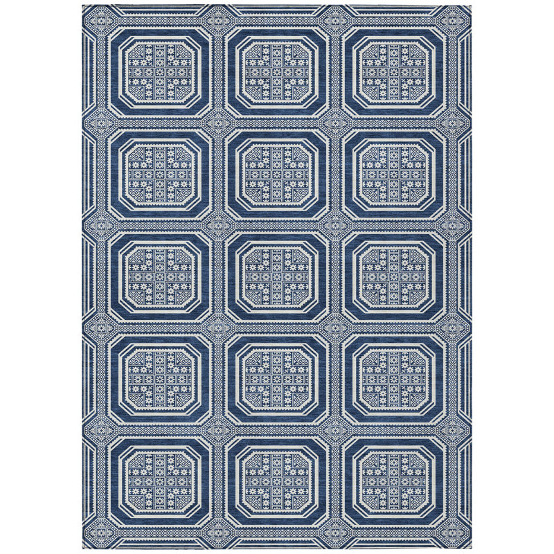 Tapis extérieur lavable à motif géométrique bleu marine et ivoire 10 pi x 14 pi