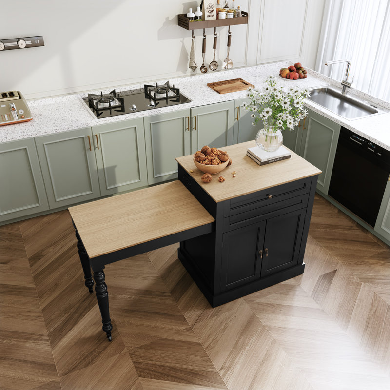 78.74''Solid Wood Kitchen Island with Extendable Dining Table and Storage, Mobile Kitchen Cart with Lockable Wheels, Black