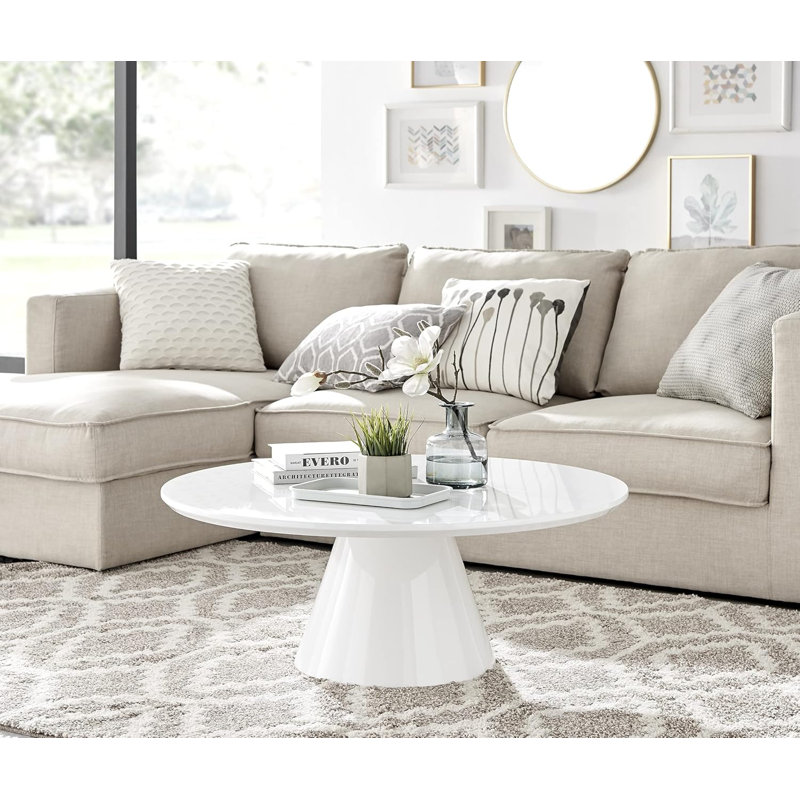 Table basse, design minimaliste contemporain avec pilier central effilé, finition blanche ultrabrillante