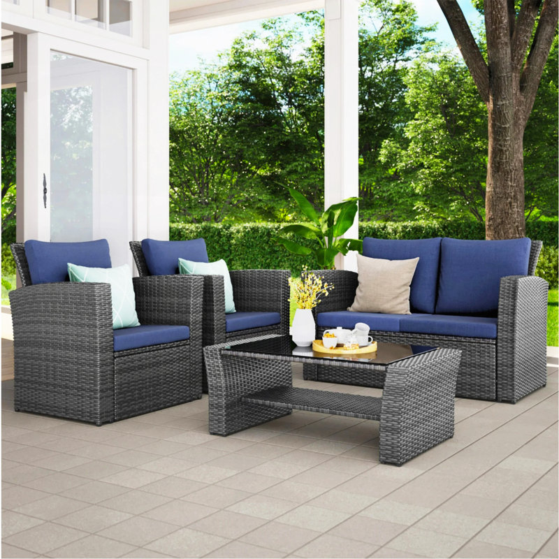 4-Piece Wicker Patio Conversation Set With Glass Table And Blue Cushions, Gray, Blue