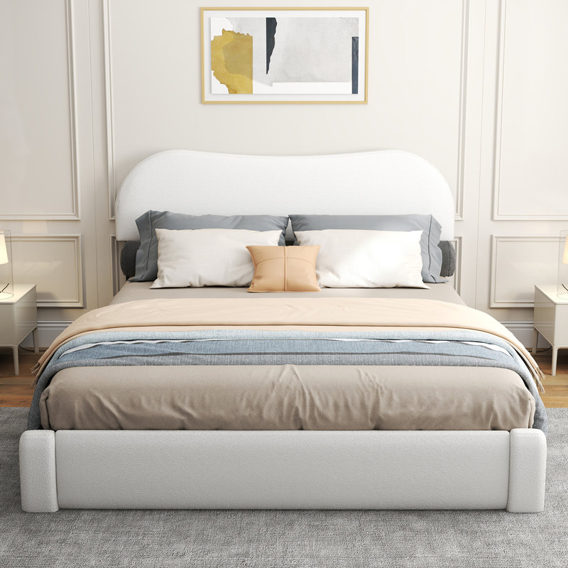 Structure de lit tapissier avec tête de lit Boucle, base de lit moderne avec rangement sous le lit, aucun ressort nécessaire, coins arrondis