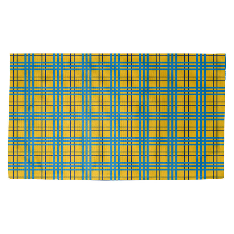 Tapis décoratif bleu/jaune fait à la main plaid, Rectangle 2 pi x 3 pi