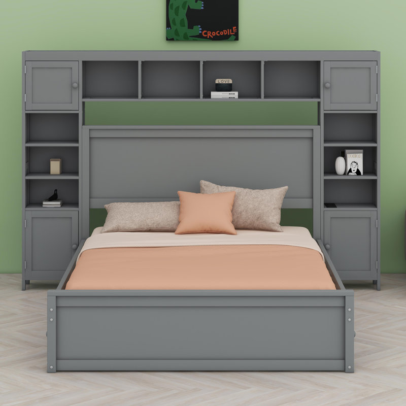 Lit en bois avec armoire, Gris