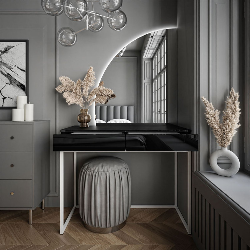 Brilen Dressing Table with LED Mirror, White/​Black High Gloss