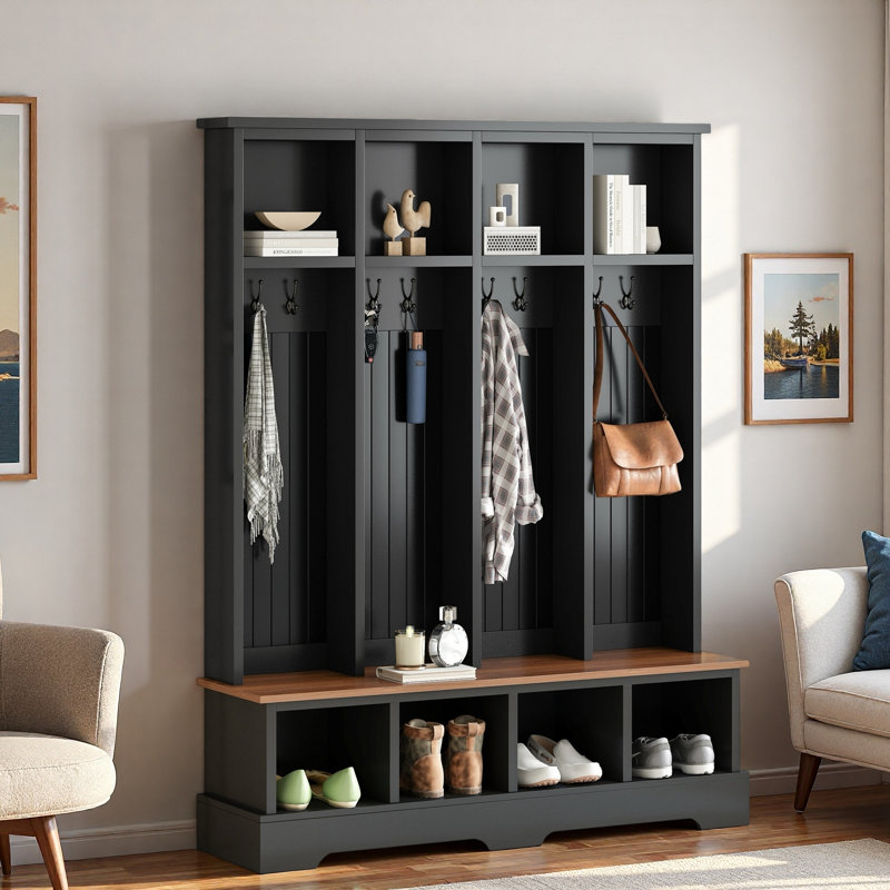 Farmhouse Wide Hall Tree With 8 Hooks, Bench And Open Compartments, Black