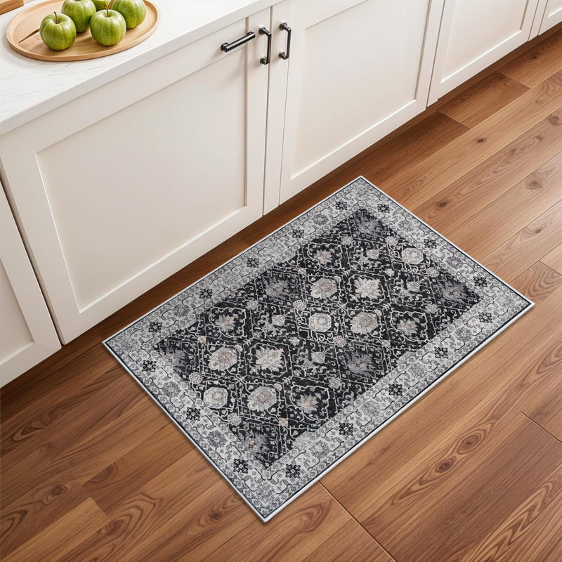 Washable Large Area Rug: Indoor Oriental Living Room Carpet with Non Slip Backing Ultra Soft Low Pile Rugs for Bedroom Dining Room Distressed Stain Resistant Thin Floor Mat (Black)