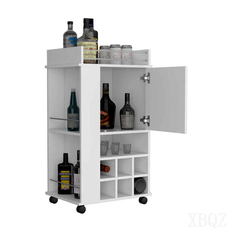 Bar Cart with Cabinet, 6 Built-in Wine Rack and Casters, White