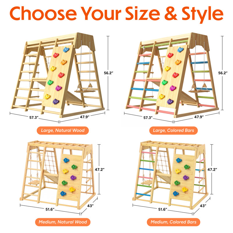 Avennur Magnolia 7-en-1 Structure de jeux intérieure pour enfants, structure de jeu Montessori en bois, aire de jeux intérieure pour enfants de 2 à 6 ans, pin certifié FSC, glissade, balançoire, barres de singe, mur d'escalade, taille moyenne, couleur naturelle