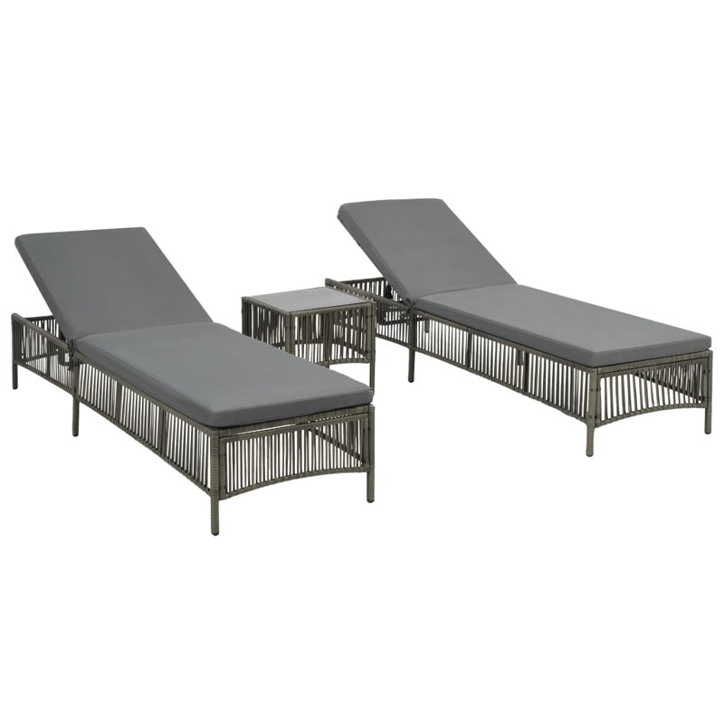 Chaises longues avec table Poly Rattan gris