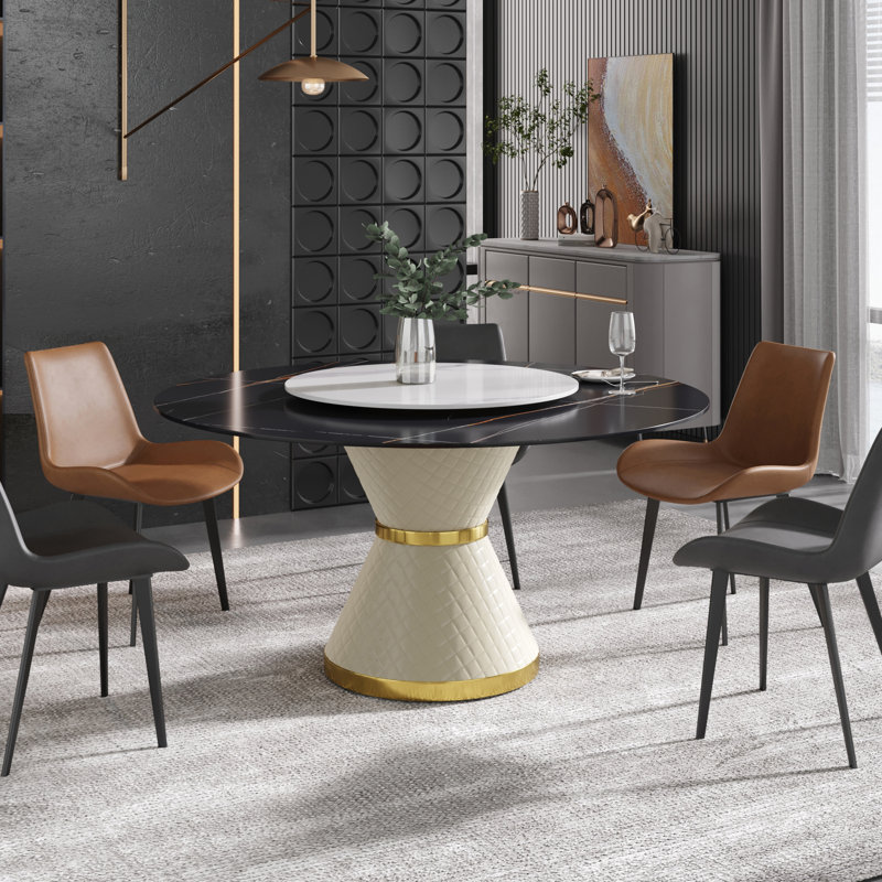 Table de salle à manger ronde avec plateau rotatif Patsy, Noir, H 29,5 po x l 59 po x L 59 po
