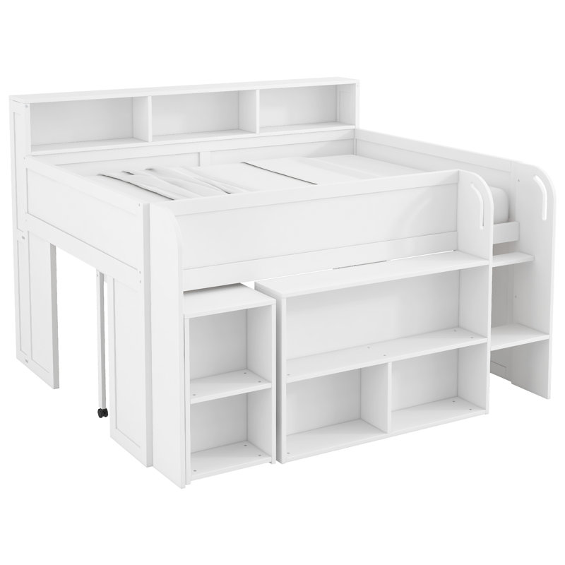 Full Size Wood Loft Bed with Desk, LED Light and Storage Shelves, Space-Saving Study Loft Bed, White