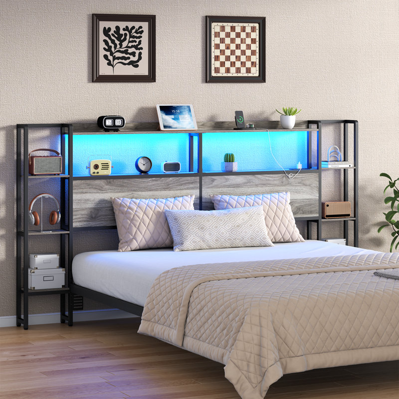 Metal Headboard For Bed With Storage Shelves, Headboards With Charging Station & LED Lights For Bedroom, King