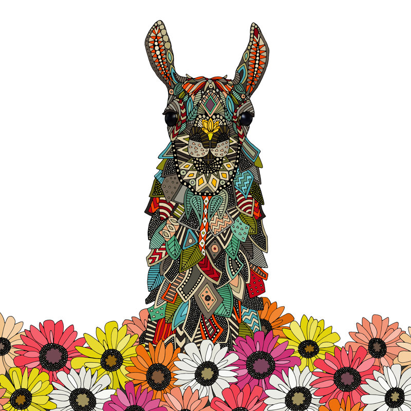 Llama Daisy Love - peinture, H 36 po x l 36 po, Cadre doré simple, Non