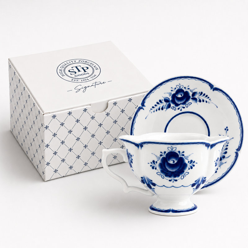 Tasse et soucoupe en porcelaine fine Signature, style Gzhel, rose bleu cobalt