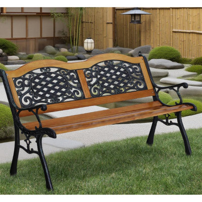 Outdoor Bench Made Of Natural Pine And Metal Frames, With Comfort Tilt, Open Slated Seat For Air, 50" Long Wood Construction Tilted Back Relaxation, Breathable Slatted Seat, 29 Lbs Net Weight