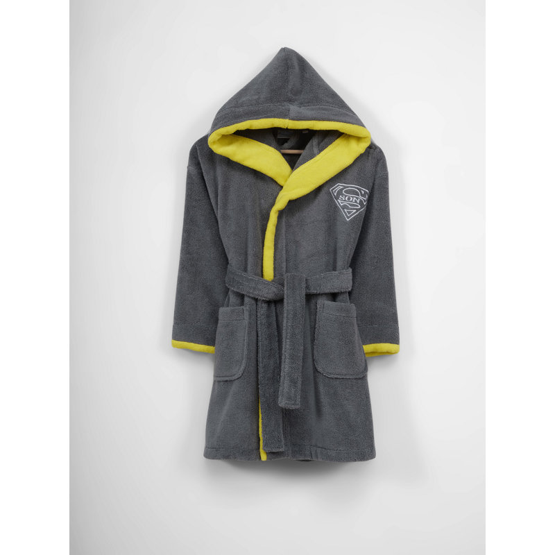 Peignoir 100% coton mi-mollet avec poches et capuche, Enfants M, Gris / Jaune