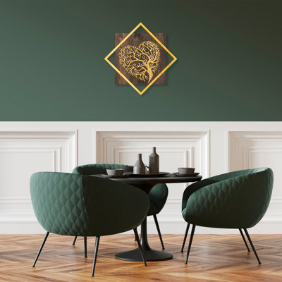Élégant accessoire mural décoratif en bois, finition noyer et or, 21,3 po x 21,3 po | 50% bois véritable (épaisseur: 1,2 po) et 50% métal (épaisseur: 0,06 po) | Parfait pour la décoration intérieure, variations de couleurs uniques