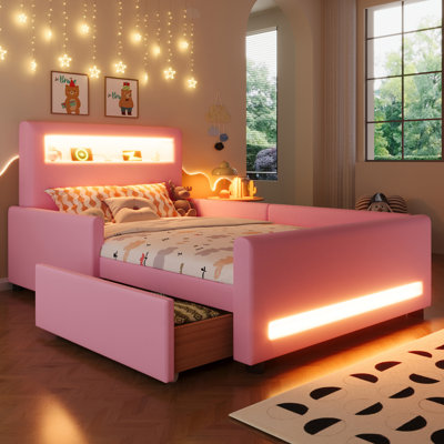 Lit plateforme tapissier simple avec tiroir, bande lumineuse à DEL, port USB, rose