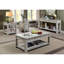 Table de canapé avec table de rangement en bois massif rustique blanc antique et tablette ouverte.