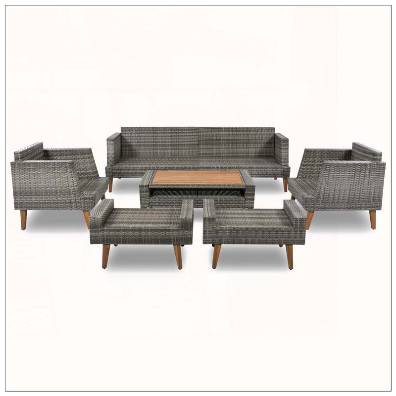 Ensemble de canapé en osier 6 pièces 6 pièces avec coussins doubles et housse de table, Gris/beige