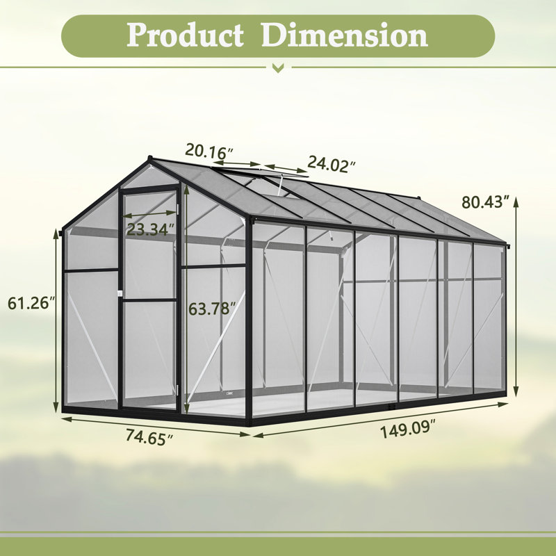 Serre - Panneaux en polycarbonate et rouille en aluminium pour l'extérieur, H 78,38 po x l 75,25 po x P 149,94 po