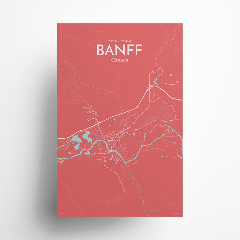 Banff, carte de la ville, impression, H 17 po x l 11 po, Rose / bleu pastel