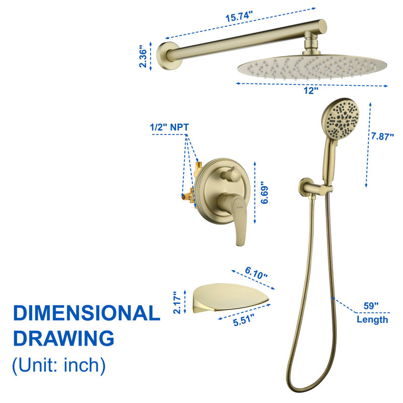 Ceiling Rain Shower System With Tub Spout Shower Faucet Set 12 Inch Shower Head And Handheld Shower Trim Kit, Brushed Gold