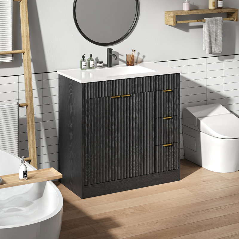 Meuble-lavabo simple en bois avec 3 tiroirs Adonia Modern, Noir, 36"