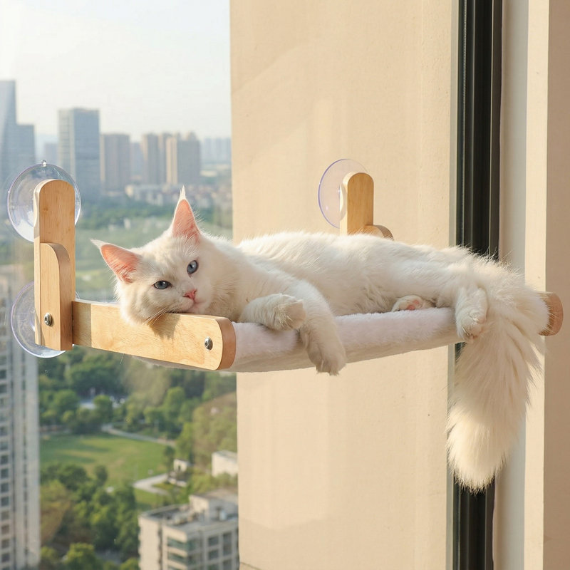 Perchoir de fenêtre pliable pour chat avec cadre en bois, housse en fourrure de lapin douce, lavable, ventouses robustes, sans perçage, supporte les grands chats