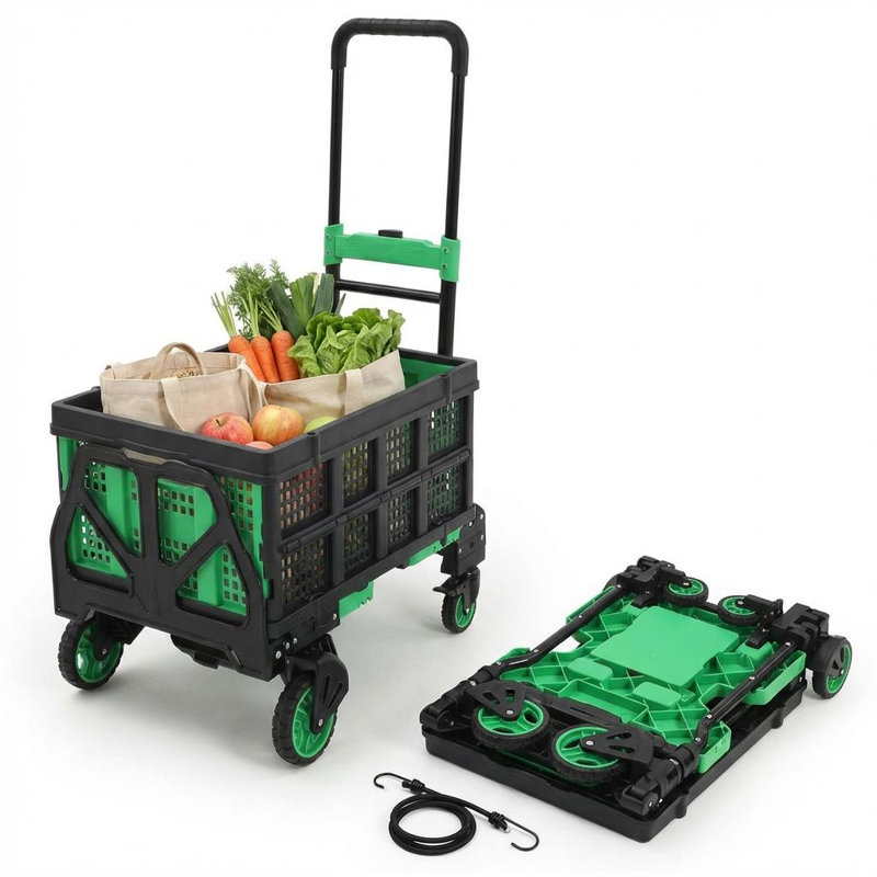 Chariot à main 2 en 1 pliable, charge de 330 lb, chariot à main avec 2 cordes élastiques et panier, chariot à main portatif à 4 roues avec poignée rétractable pour les bagages, les voyages, les déplacements, le bureau