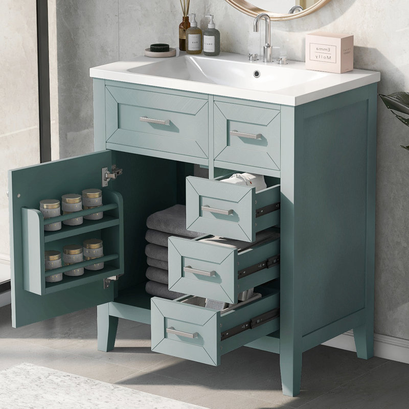 30" Bathroom Vanity With Sink Combo, Bathroom Cabinet With Drawers, Mint Green, Silver