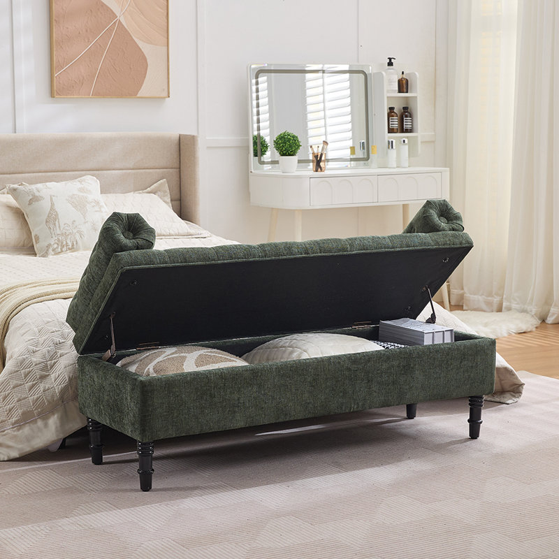Linen Upholstered Storage Bench, Green